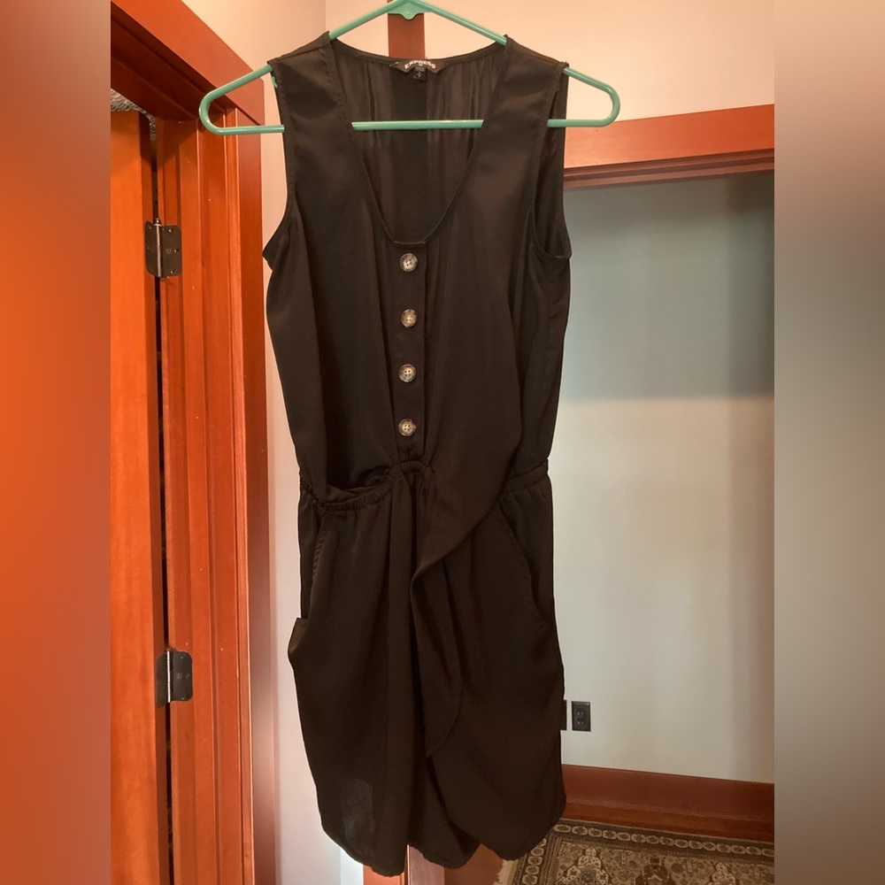 Express small black romper with buttons and tie waist.